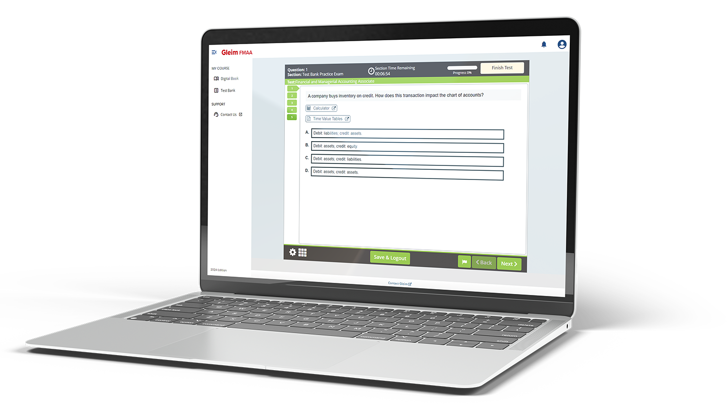 Laptop showing Gleim course interface that emulates the real Prometric exam.