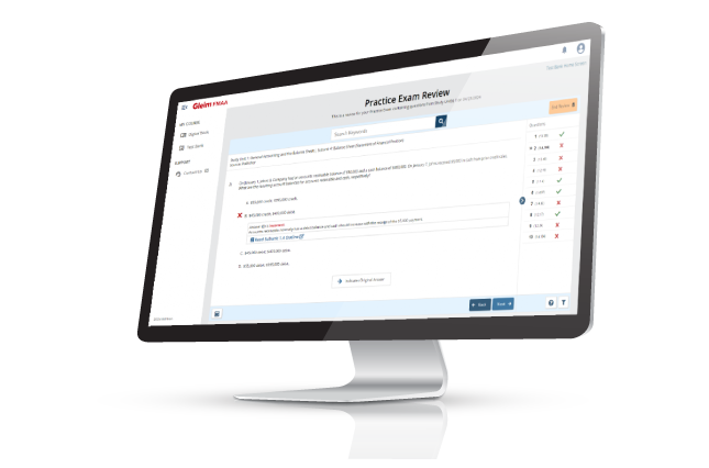 Screen showing Gleim course interface with example multiple-choice question and answer explanations.