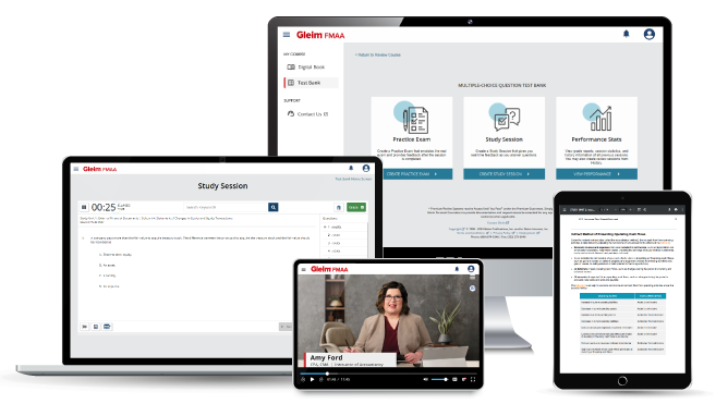 Computer and tablet screens showing the Gleim FMAA course interface, video lectures, and digital book outlines.