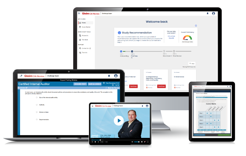 Laptop and tablet screen images showing the Gleim CIA Challenge Exam course interface, video lectures, and digital book.