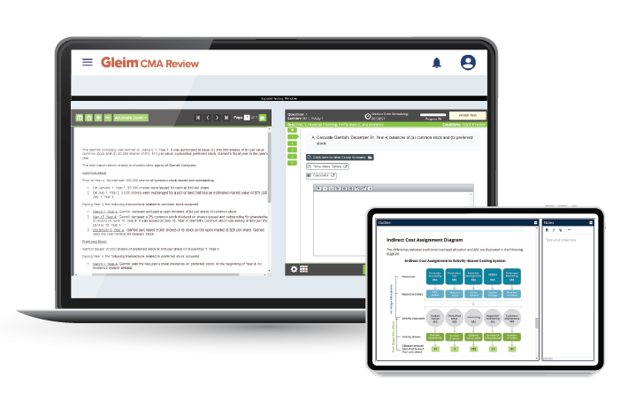 CMA Test Bank showing the Gleim course interface.