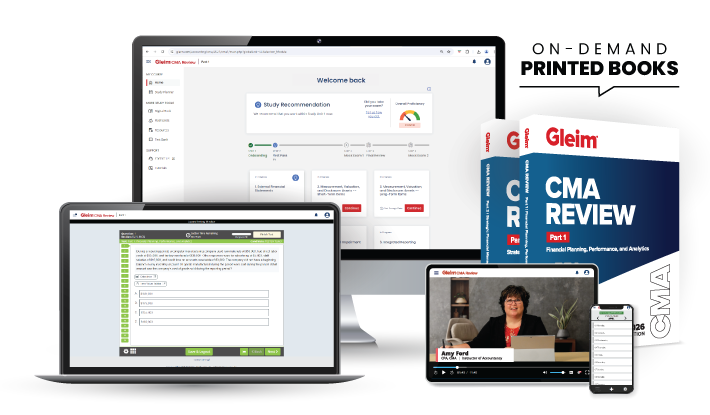 CMA Premium review system showing the Gleim course interface and printed books on demand.