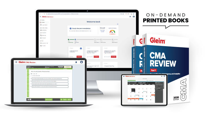 CMA Traditional review system showing the Gleim course interface and printed books on demand.