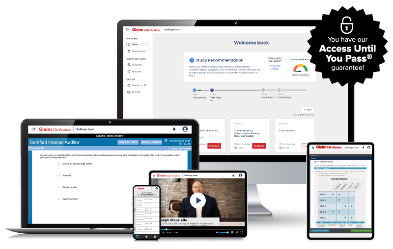 Computer and tablet screens showing the Gleim CIA Challenge Exam course interface, video lectures, digital book, and Access Until You Pass guarantee.