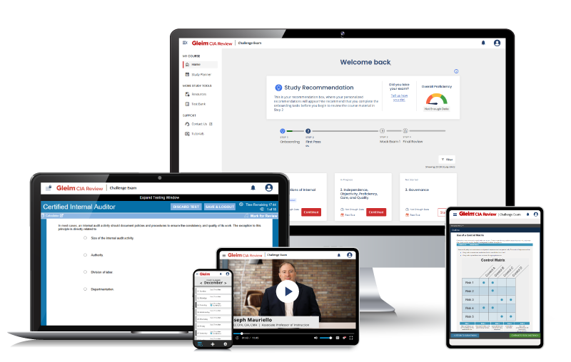 Computer and tablet screens showing the Gleim CIA Challenge Exam course interface, video lectures, and digital book
