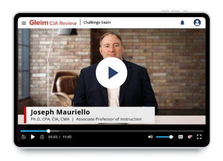 Tablet screen showing Gleim Instruct video lectures.