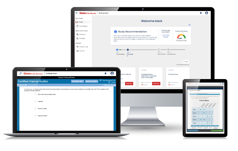 Computer and tablet screens showing the Gleim CIA Challenge Exam course interface and digital book.